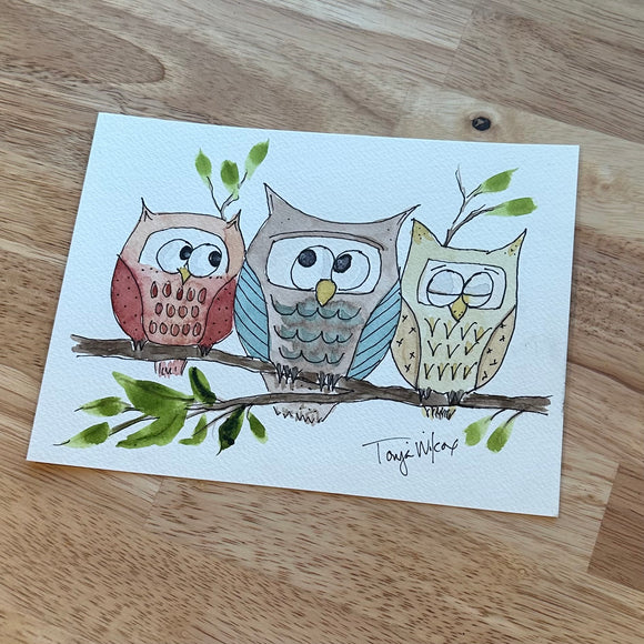 Trio of Sketchy Owls on Branch w/ Emerald Green  Leaves- $6- 8”x6” Original- Week 1 of October Daily Painting Challenge