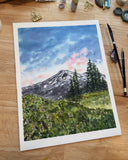 Mt. Rainer National Park Landmark Art Print Near Seattle Washington Mountain with Wildflowers