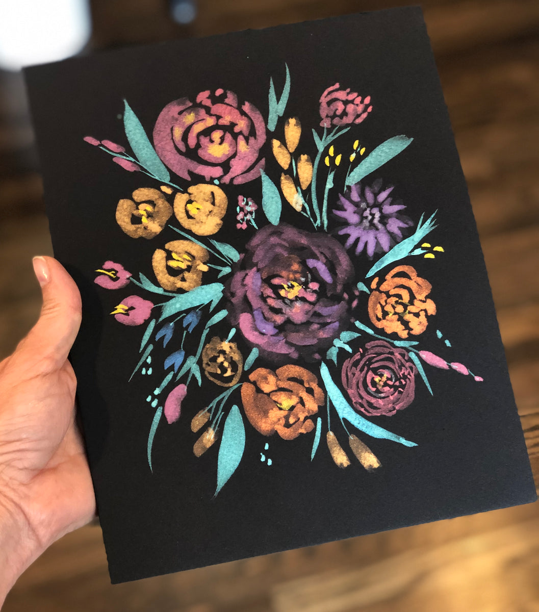 3/24 Day 6 $6 Metallic Florals on Black Paper 8”x 10 Original