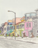 San Francisco, California Street- Candy Colored Houses- Art Giclee Watercolor Print