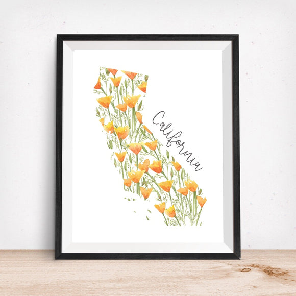 California Map with CA Poppies Art Print- State Flower Poppy