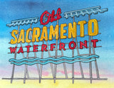 Old Sacramento, CA Waterfront Neon Sign -Art Giclee Print with sunset