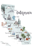 California Picture Map with Landmarks- A7 Greeting Card/ 5x7 Art Print