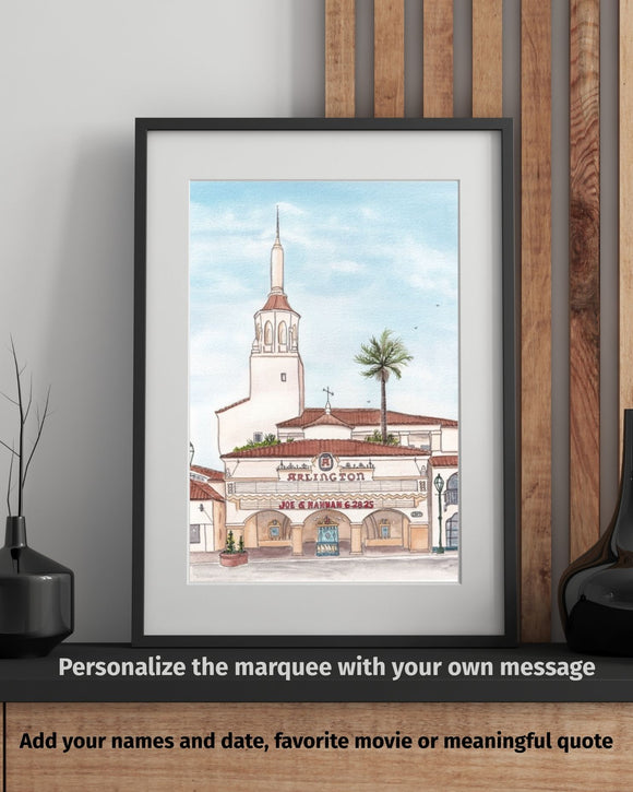 Personalized Arlington Theater Watercolor Wedding Venue Marquee-Santa Barbara, CA Art Print