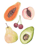 Fruit Medley- Watercolor Art Print-Giclee- Papaya Pear Nectarine Peach Cherries Avocado