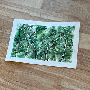 Birch Trees No. 225- Black Bark Tree Tops w/ Emerald Green  Leaves- $6- 7”x5” Original- Week 1 of October Daily Painting Challenge