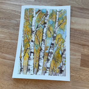 Birch Trees No. 224- Tall Brown Trunks w/ Yellow Leaves- $6- 7”x10” Original- Week 1 of October Daily Painting Challenge