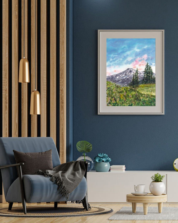 Mt. Rainer National Park Landmark Art Print Near Seattle Washington Mountain with Wildflowers