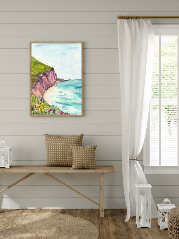 Ocean Oasis-Art Print Coastal Cliff Mountain Rocks with Wildflowers and Pacific Sea