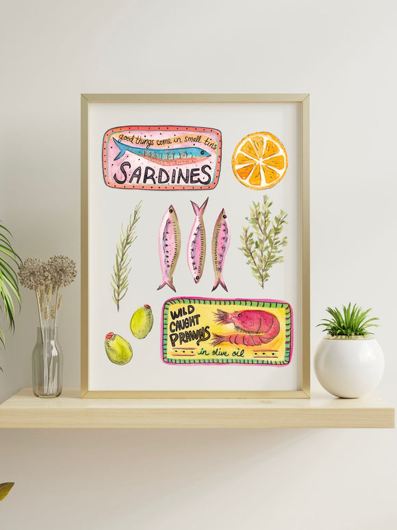 Sardines, Prawns Tinned Fish Illustration Vignette Art Print- olives, lemon Kitchen decor