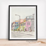 San Francisco, California Street- Candy Colored Houses- Art Giclee Watercolor Print