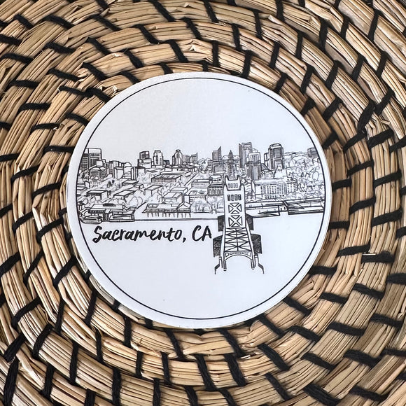 Sacramento Skyline Black n White Circle- Vinyl Sticker -3” Water Resistant