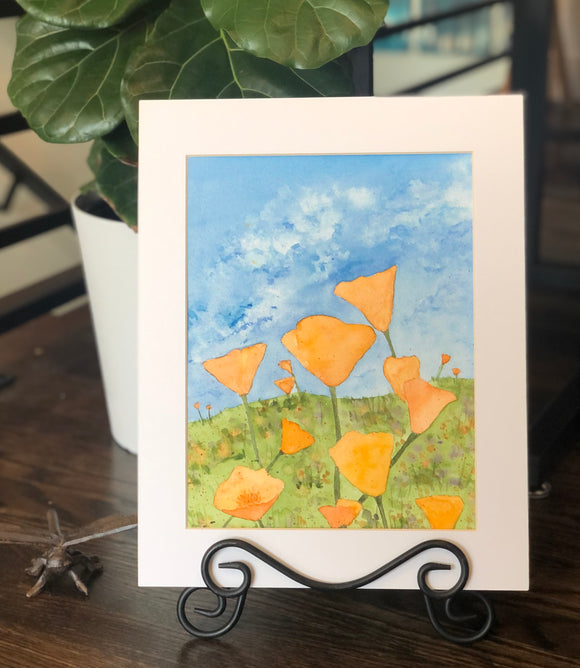 4/17 Day 30 Final Day $30 California Poppies Poppy Flowers with Blue Sky 8.5 x 11” Original Watercolor Painting