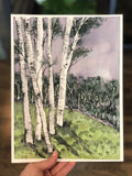 4/8 Day 21 $21 8.5 x11 Moody Night Birch #1 Original Watercolor Painting