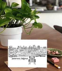 B&W 3D Sacramento Skyline- Black and White A7 Greeting Card/ 5x7 Art Print
