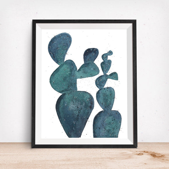 Prickly Pear Cacti, Teal Blue Art Print