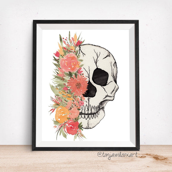 Mixed Florals with Skull October inktober -Harvest/ Fall Flowers Giclee Art Print