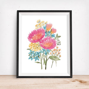 Mixed Floral No. 2 Pink, Blue, Gold- Giclee Art Print- Flowers Botanical