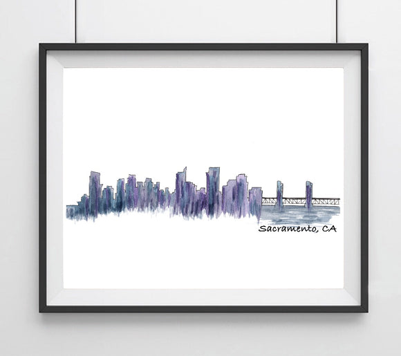 CIty Skyline- Sacramento, CA Blue and Purple Art Print