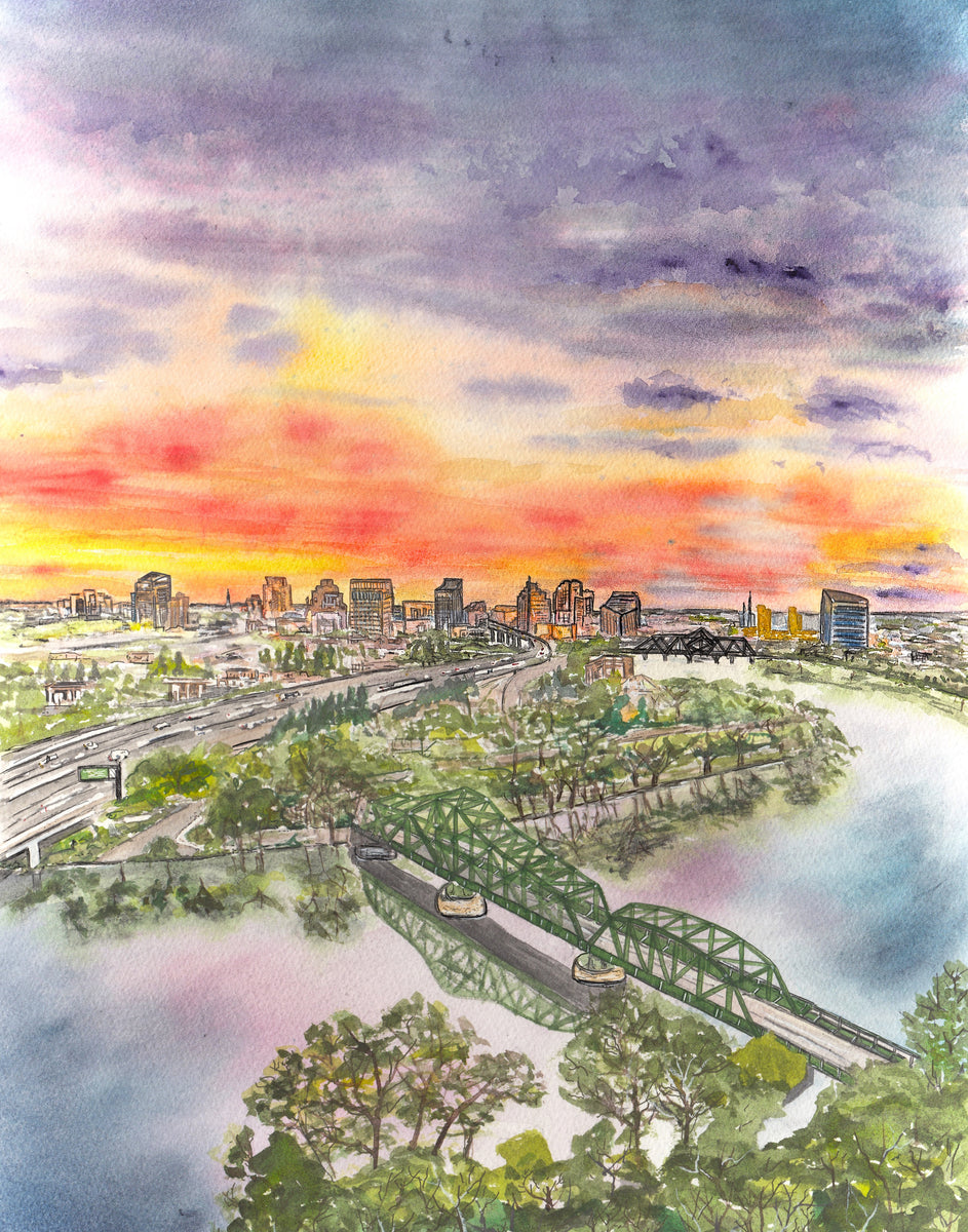 Sacramento, CAJibboom Street Bridge View, Giclee Art Print Aqua Hue Designs by Tonja Wilcox