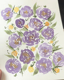 3/25 Day 7 $7 Purple and Gold Florals 9” x 12” Original Watercolor Painting