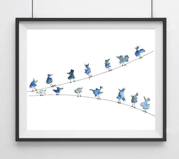 Blue Birds on a Wire- Illustrated Doodle Birds Giclee Art Print
