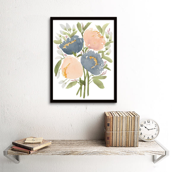 Floral #5 Navy & Peach Peonies Flowers Giclee Art Print